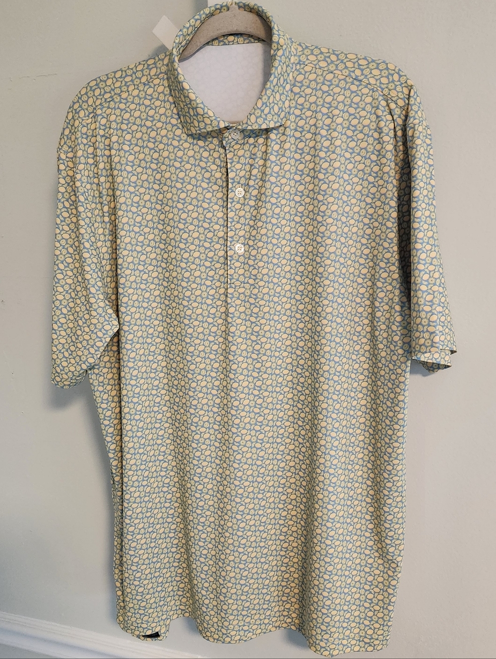 Turtleson Lemon Print Performance Golf Polo‎ Large L Blue Yellow Citrus Luxury